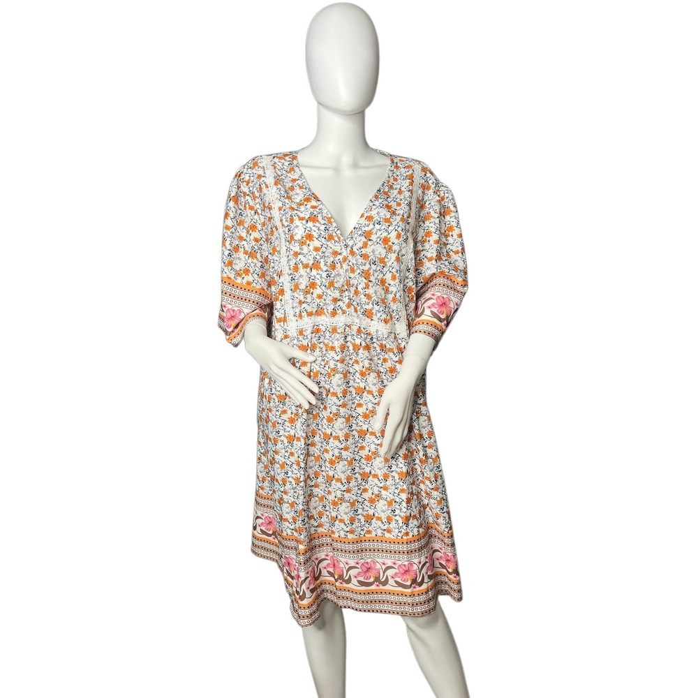 Emory Rose 3XL‎ Floral Print Dress V-Neck 3/4 Sleeve Boho Casual White Orange